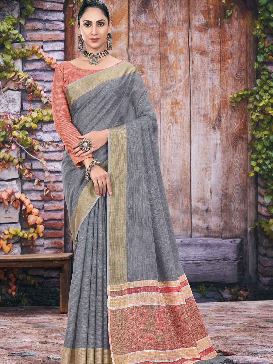Slate Gray Linen Plain Festival Saree