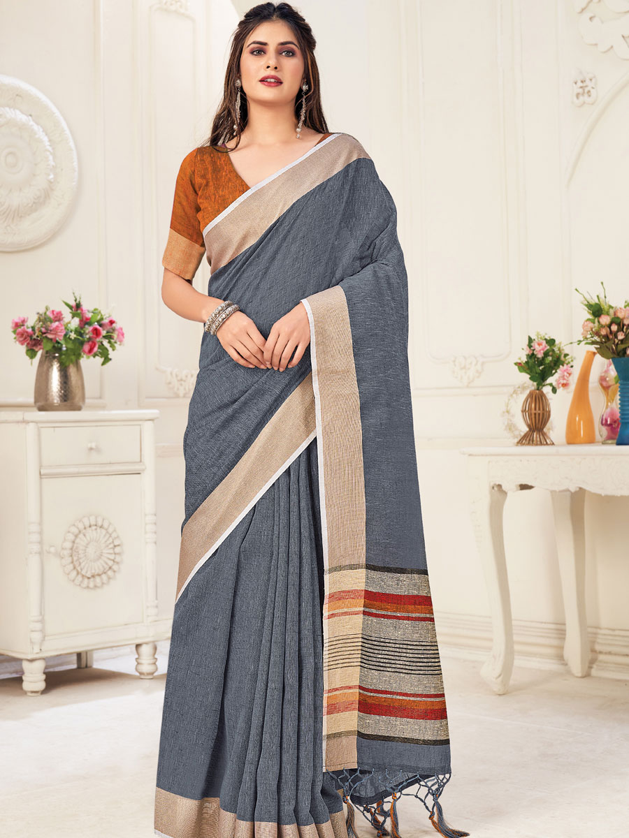 Slate Gray Linen Plain Festival Saree