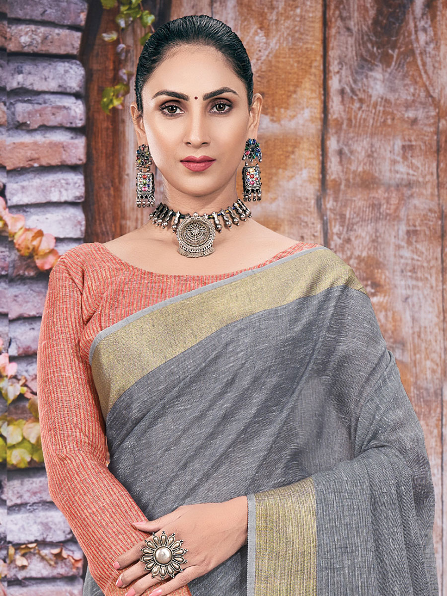 Slate Gray Linen Plain Festival Saree