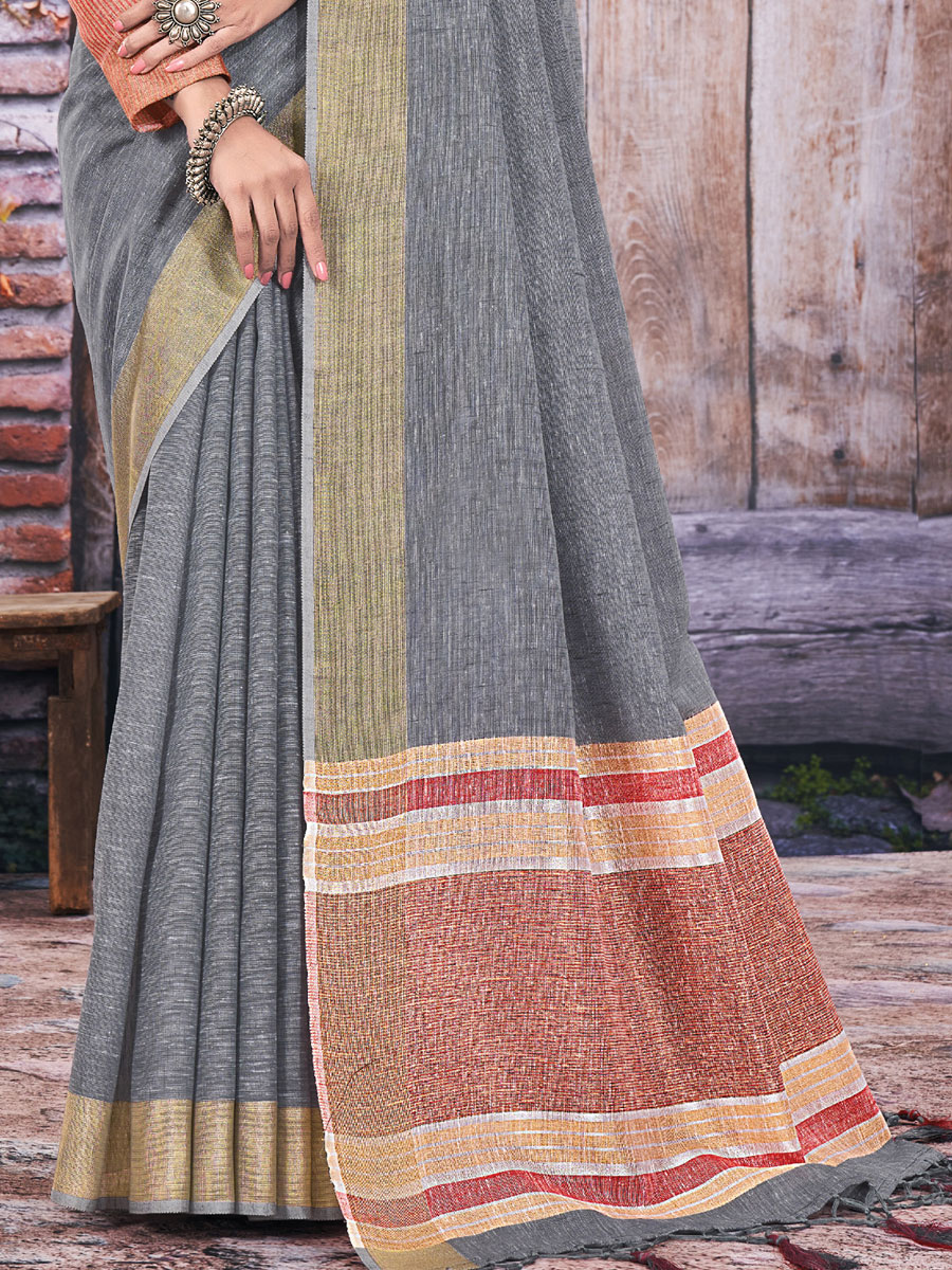 Slate Gray Linen Plain Festival Saree
