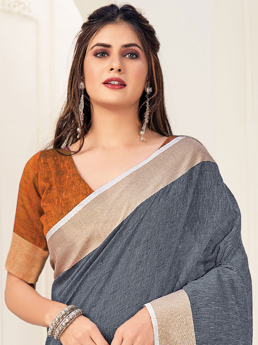 Slate Gray Linen Plain Festival Saree
