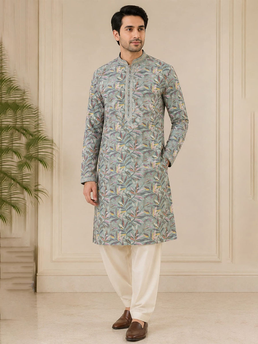Slate Grey Art Silk Embroidery Printed Wedding Party Festival Casual Mens Wear Kurta