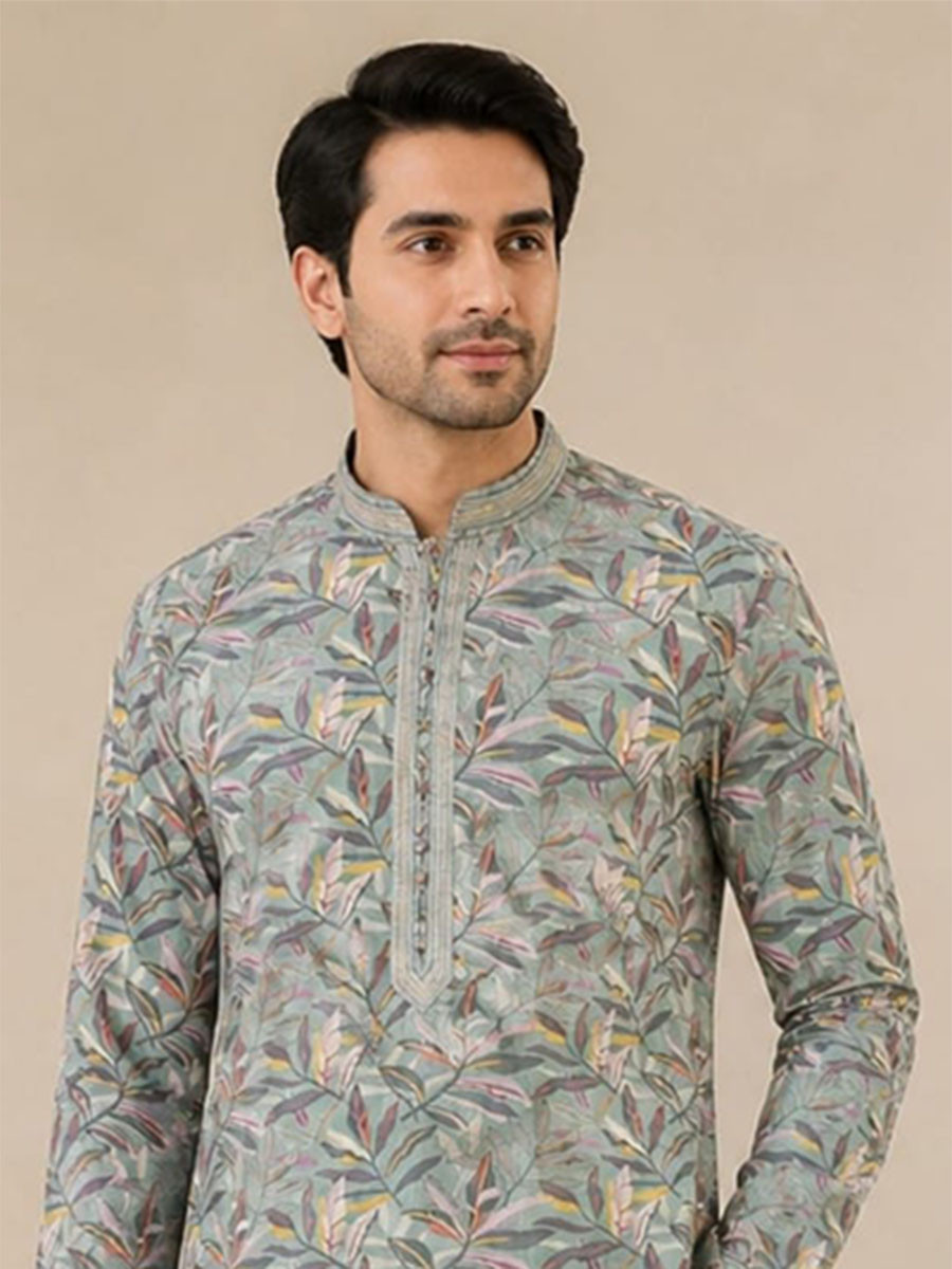 Slate Grey Art Silk Embroidery Printed Wedding Party Festival Casual Mens Wear Kurta