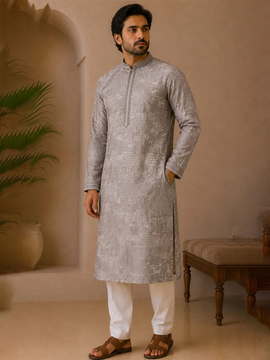 Slate Grey Art Silk Embroidery Wedding Party Festival Casual Mens Wear Kurta