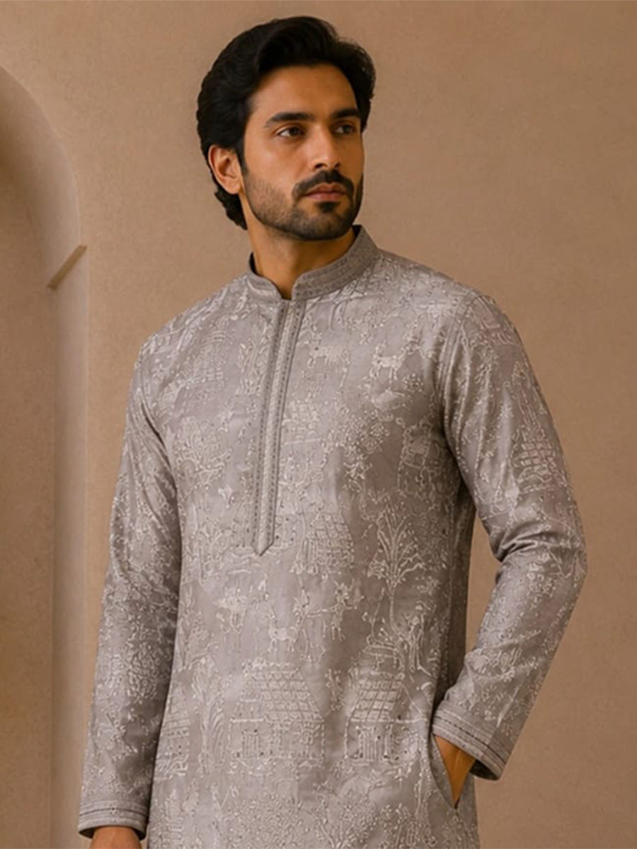 Slate Grey Art Silk Embroidery Wedding Party Festival Casual Mens Wear Kurta