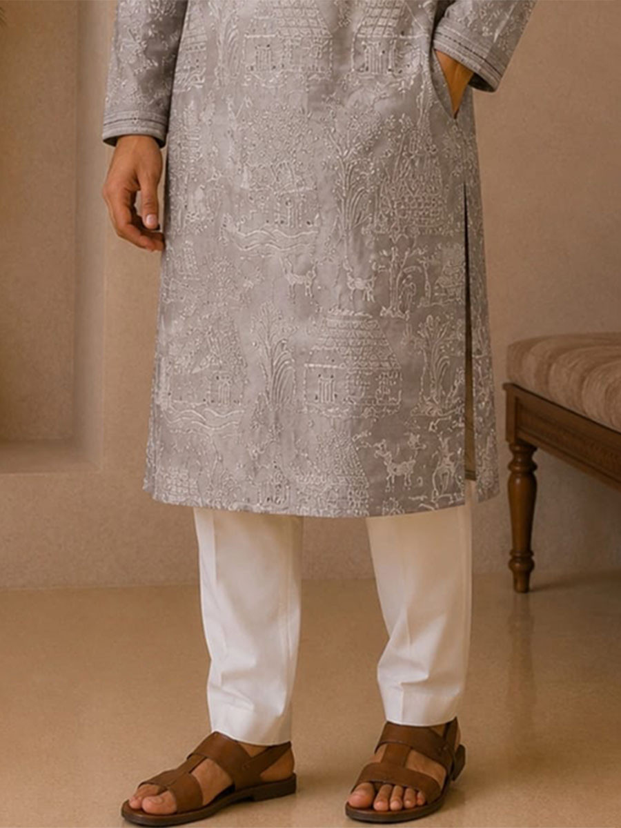 Slate Grey Art Silk Embroidery Wedding Party Festival Casual Mens Wear Kurta