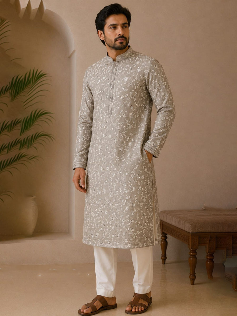 Slate Grey Art Silk Embroidery Wedding Party Festival Casual Mens Wear Kurta