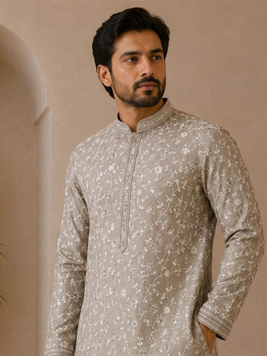 Slate Grey Art Silk Embroidery Wedding Party Festival Casual Mens Wear Kurta