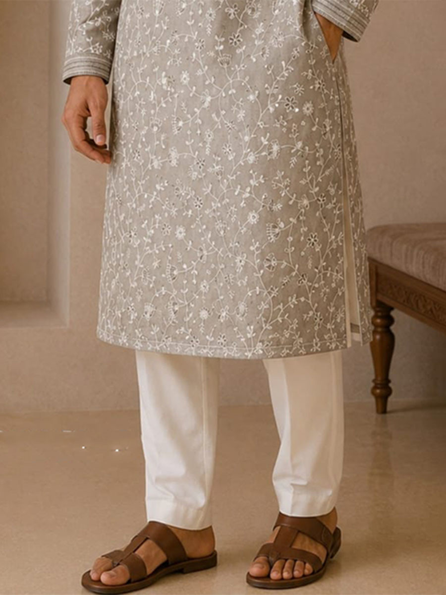 Slate Grey Art Silk Embroidery Wedding Party Festival Casual Mens Wear Kurta
