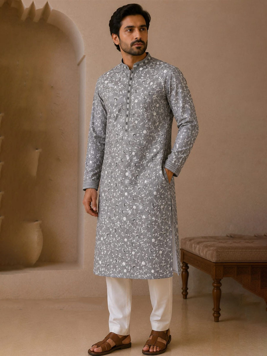 Slate Grey Art Silk Embroidery Wedding Party Festival Casual Mens Wear Kurta