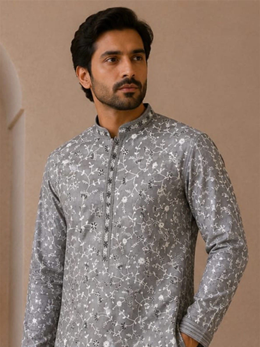 Slate Grey Art Silk Embroidery Wedding Party Festival Casual Mens Wear Kurta