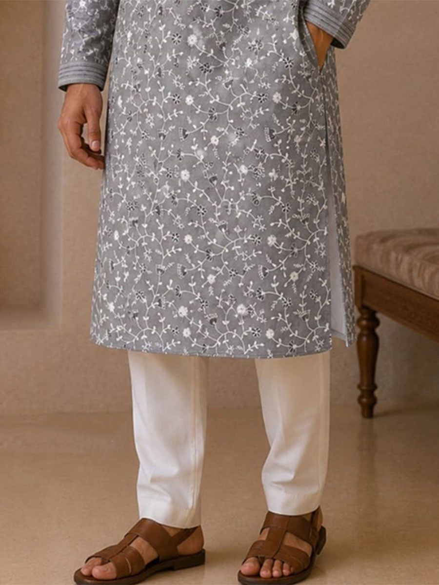 Slate Grey Art Silk Embroidery Wedding Party Festival Casual Mens Wear Kurta