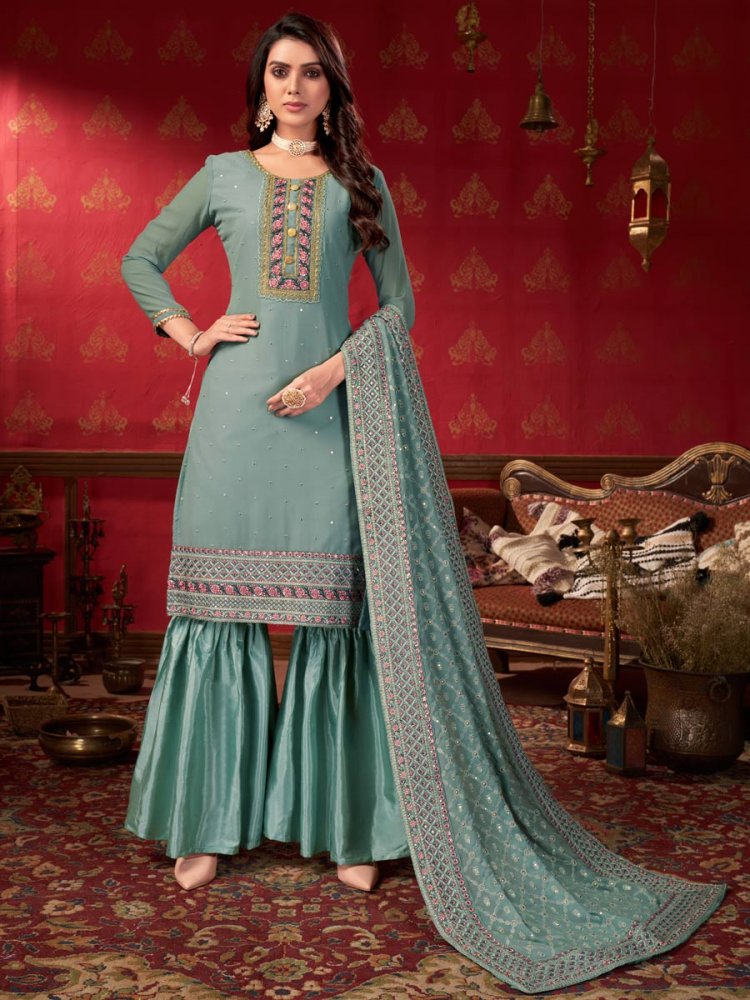 Slate Grey Faux Georgette Embroidered Party Sharara Pant Kameez