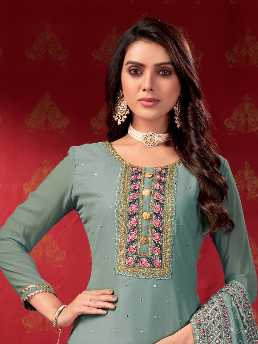 Slate Grey Faux Georgette Embroidered Party Sharara Pant Kameez