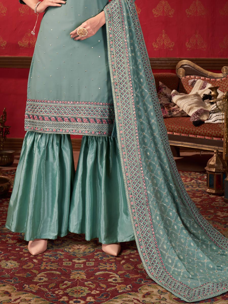 Slate Grey Faux Georgette Embroidered Party Sharara Pant Kameez