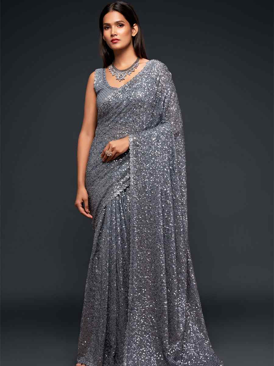 Slate Grey Georgette Embroidery Festival Wedding Fancy Heavy Border Saree