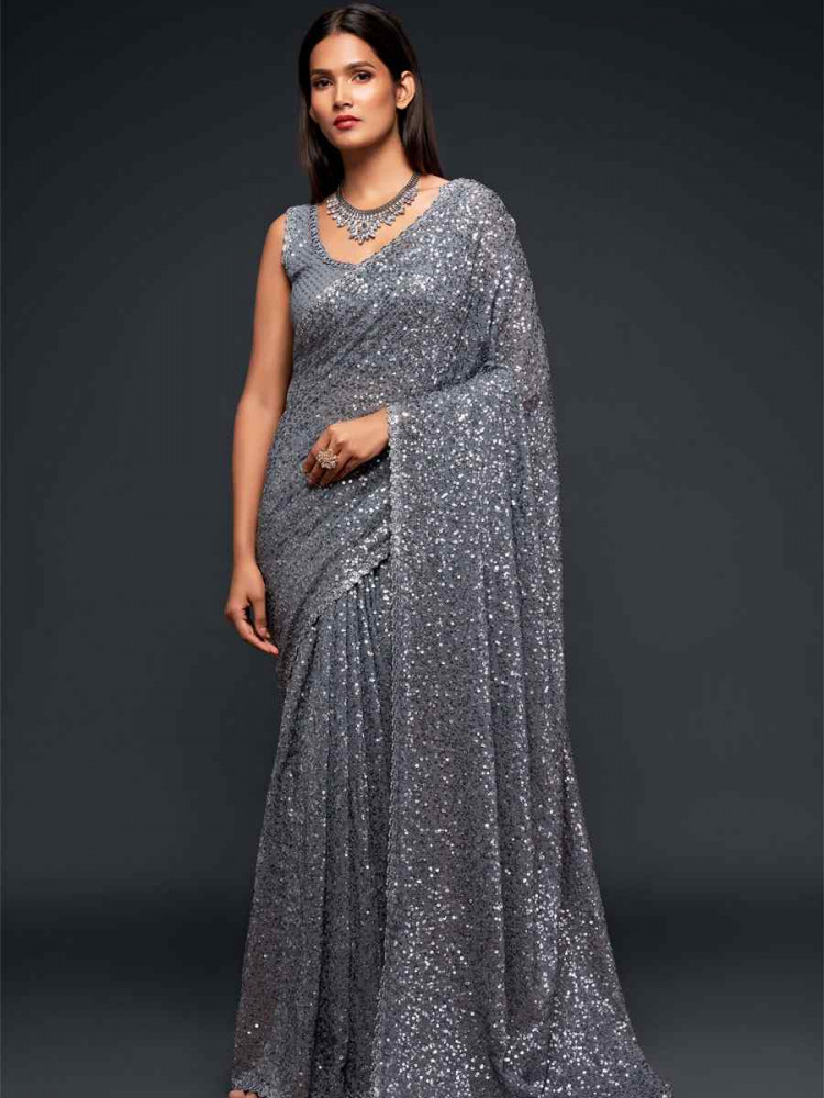 Image of Slate Grey Georgette Embroidery Festival Wedding Fancy Heavy Border Saree