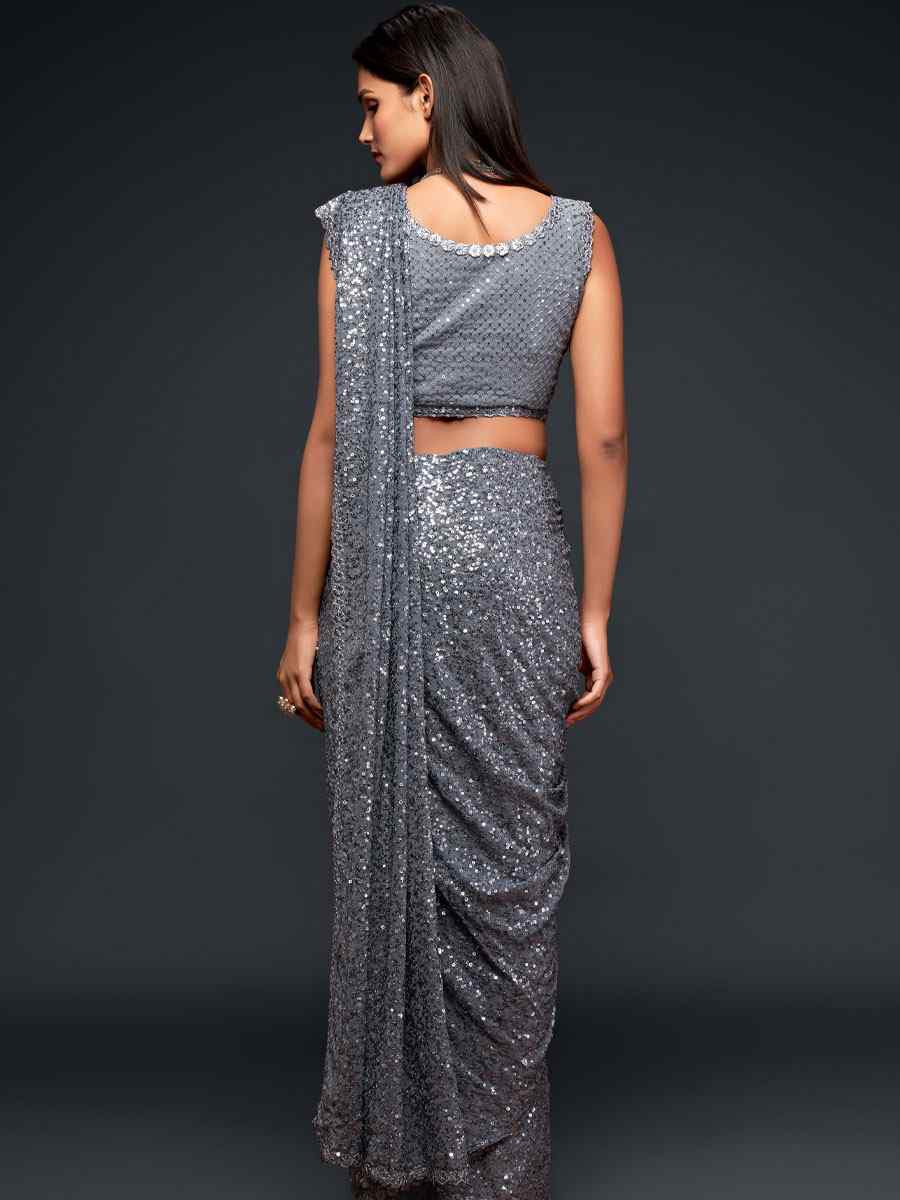 Slate Grey Georgette Embroidery Festival Wedding Fancy Heavy Border Saree