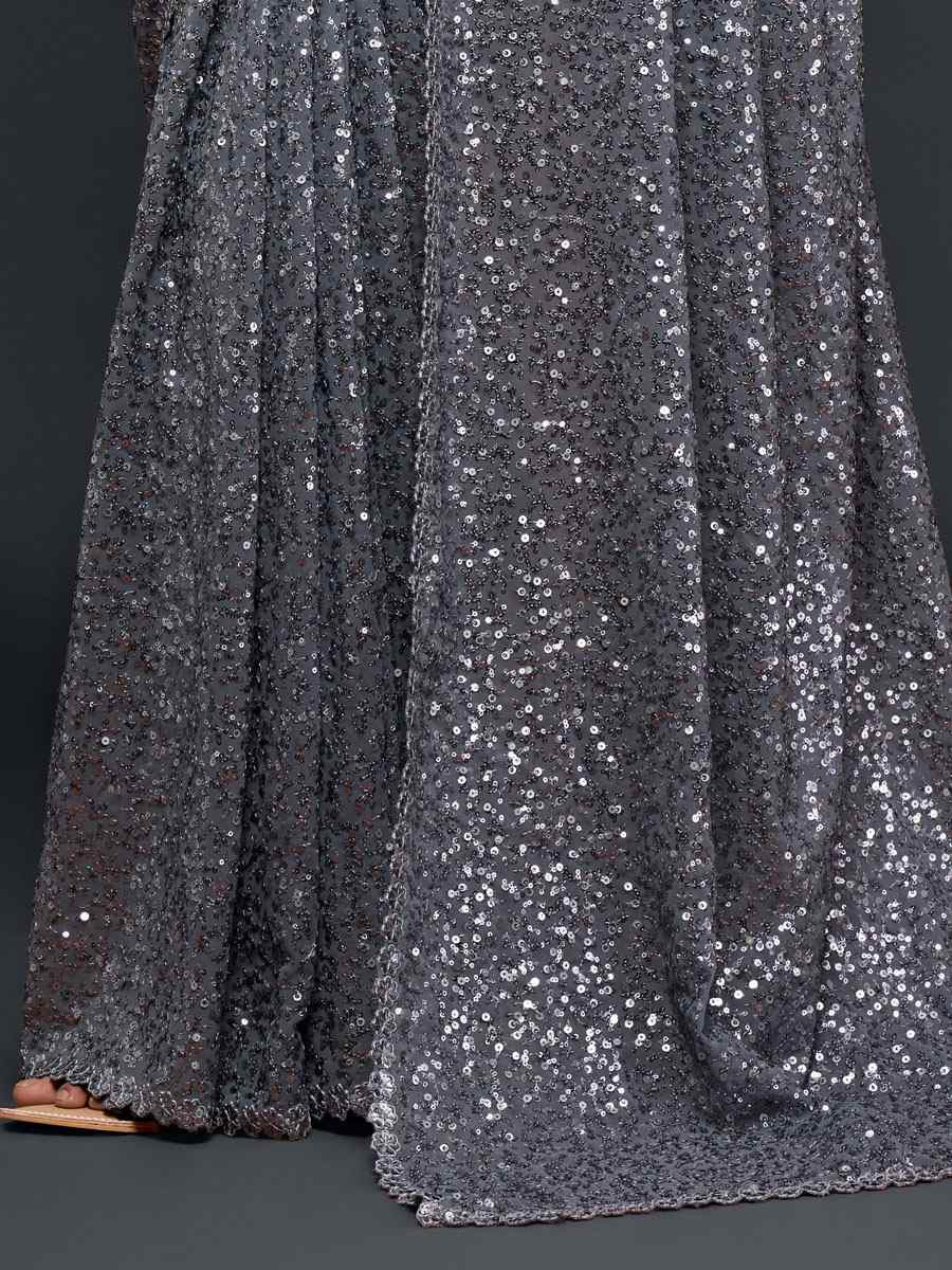 Slate Grey Georgette Embroidery Festival Wedding Fancy Heavy Border Saree