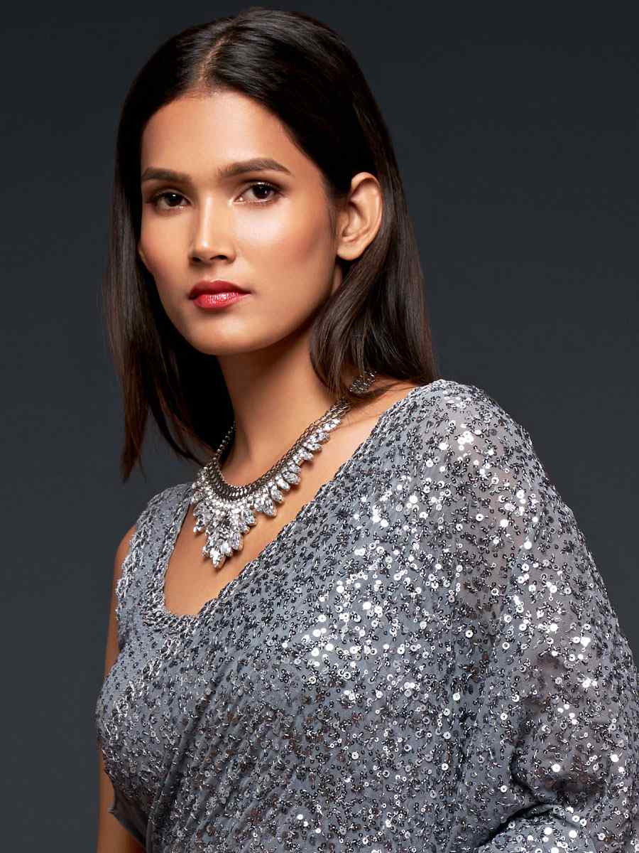 Slate Grey Georgette Embroidery Festival Wedding Fancy Heavy Border Saree