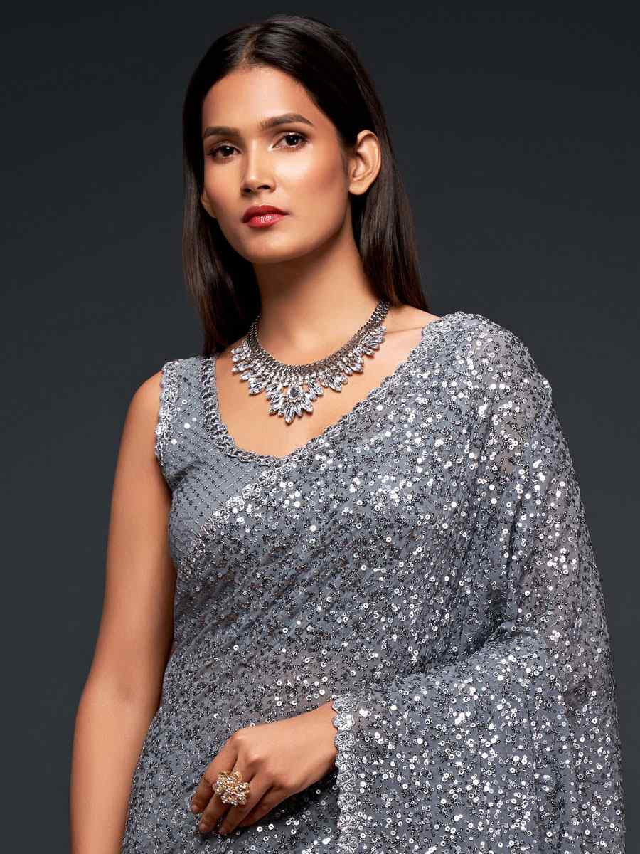 Slate Grey Georgette Embroidery Festival Wedding Fancy Heavy Border Saree