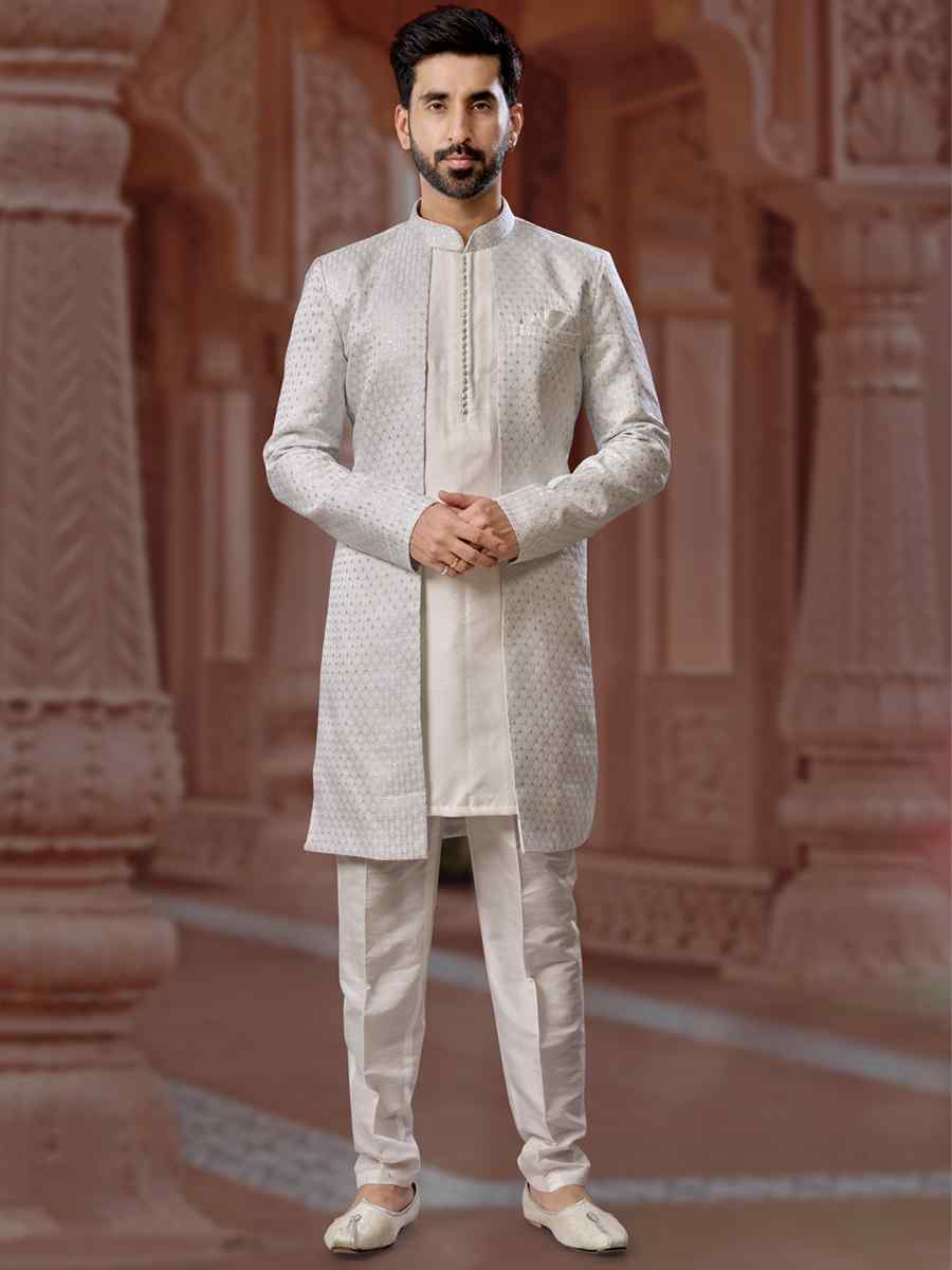 Slety to Off White Jacquard Silk Dupion Embroidered Groom Wedding Sherwani