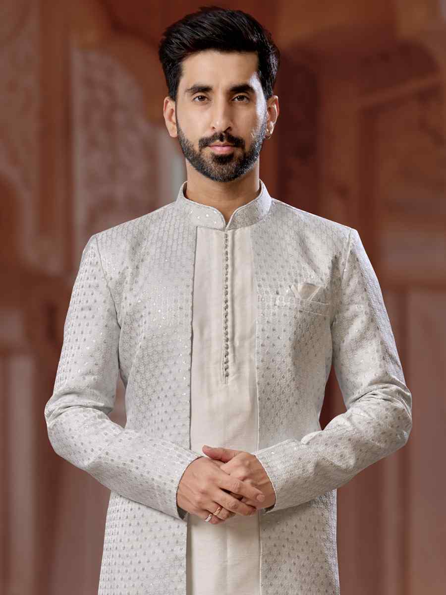 Slety to Off White Jacquard Silk Dupion Embroidered Groom Wedding Sherwani