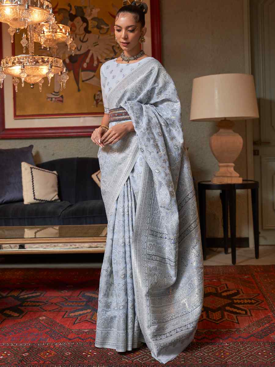 Sliver Bluish Kashmiri Modal Silk Handwoven Wedding Festival Heavy Border Saree