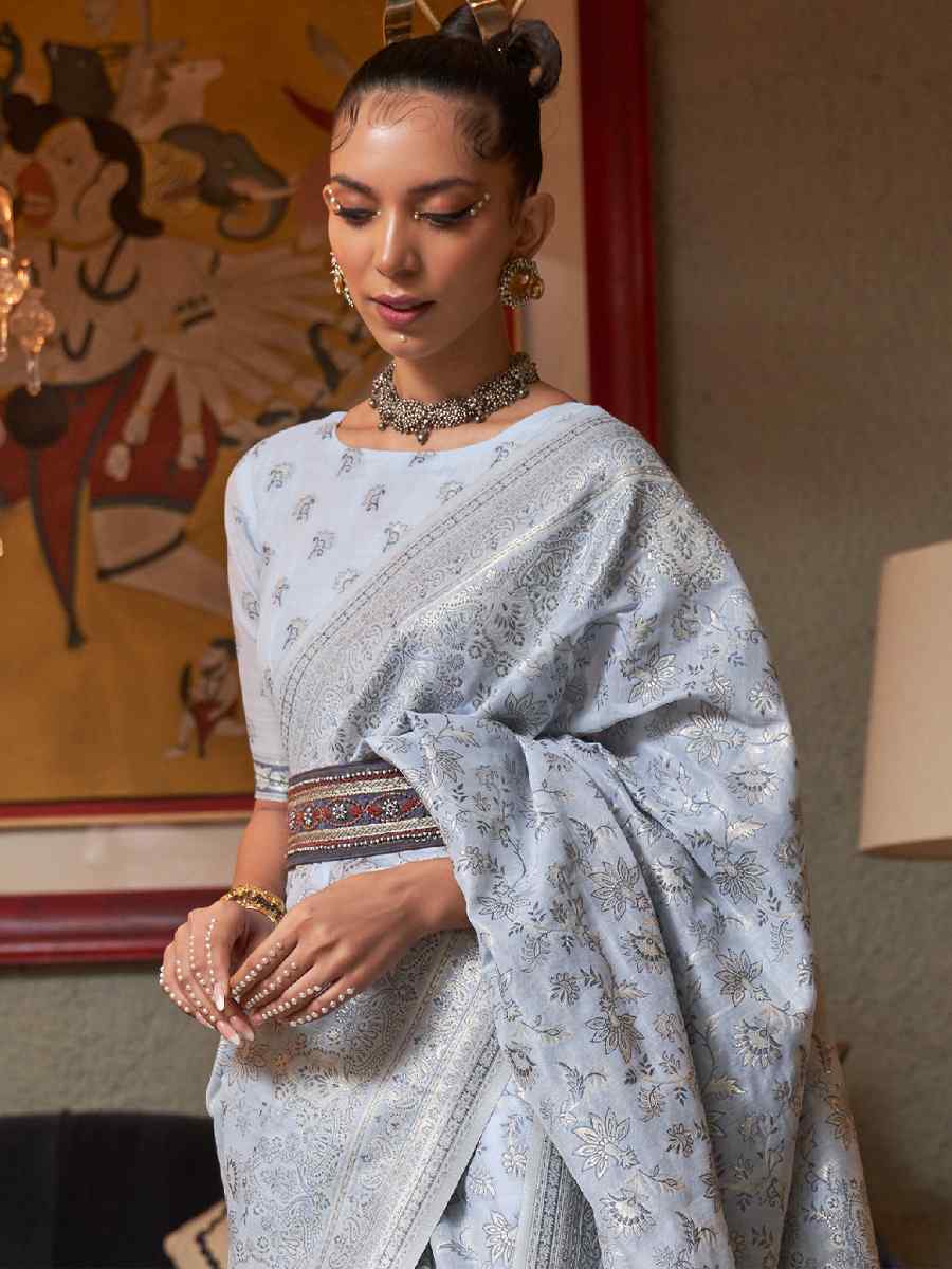 Sliver Bluish Kashmiri Modal Silk Handwoven Wedding Festival Heavy Border Saree