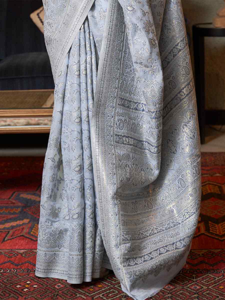 Sliver Bluish Kashmiri Modal Silk Handwoven Wedding Festival Heavy Border Saree
