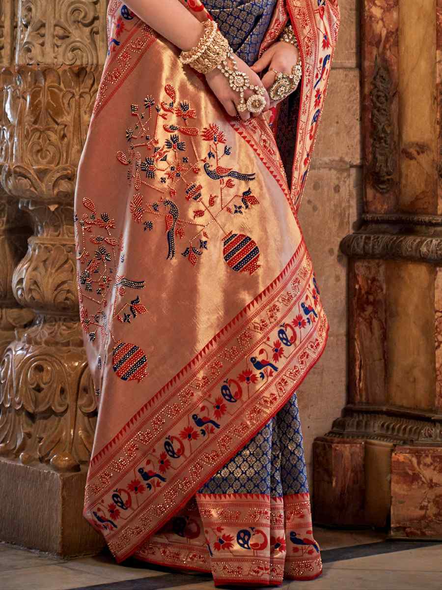 Smokey Blue Banarasi Silk Handwoven Wedding Festival Heavy Border Saree