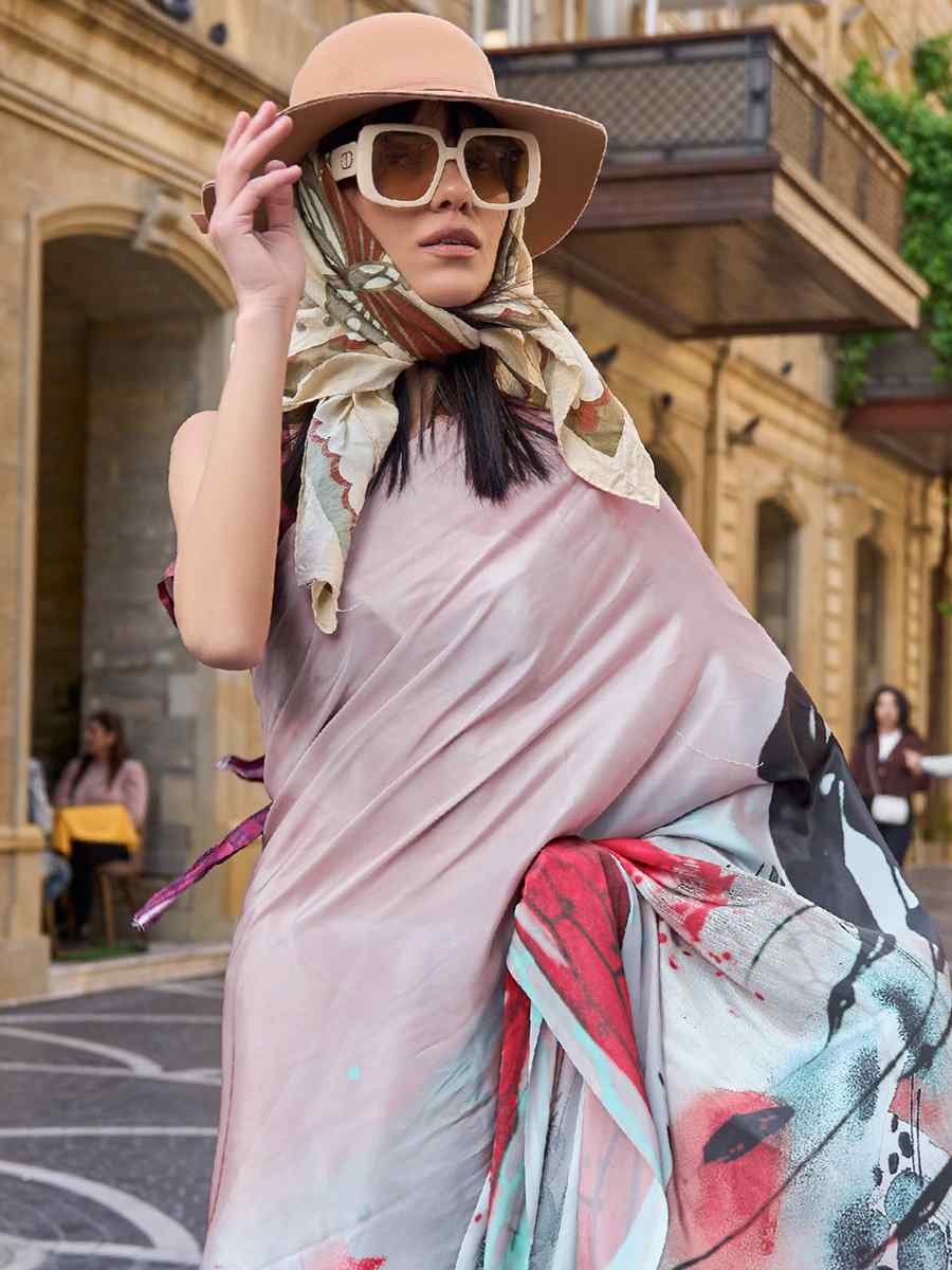 Smokey Grey Pure Crepe Silk Printed Casual Festival Contemporary Saree