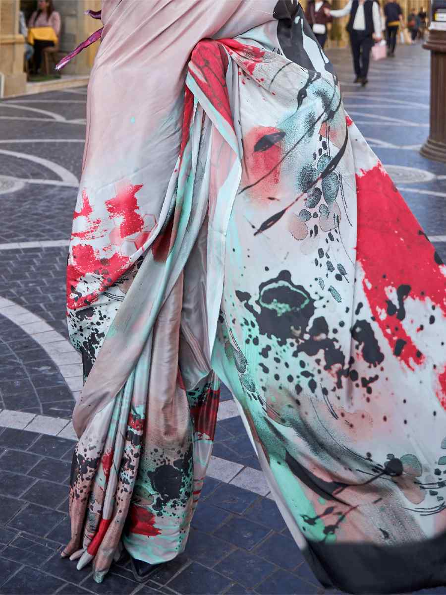 Smokey Grey Pure Crepe Silk Printed Casual Festival Contemporary Saree