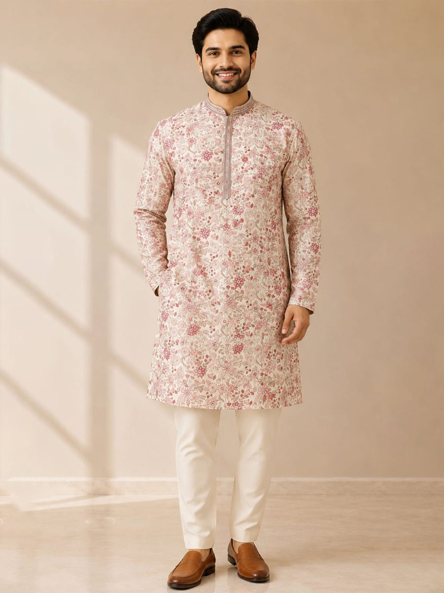 Soft Cream Art Silk Embroidery Wedding Party Festival Casual Mens Wear Kurta