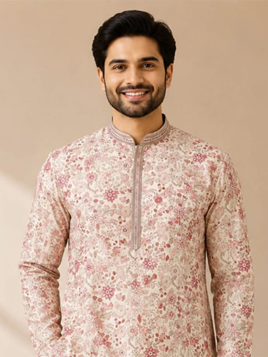 Soft Cream Art Silk Embroidery Wedding Party Festival Casual Mens Wear Kurta