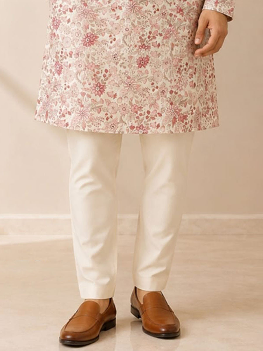 Soft Cream Art Silk Embroidery Wedding Party Festival Casual Mens Wear Kurta