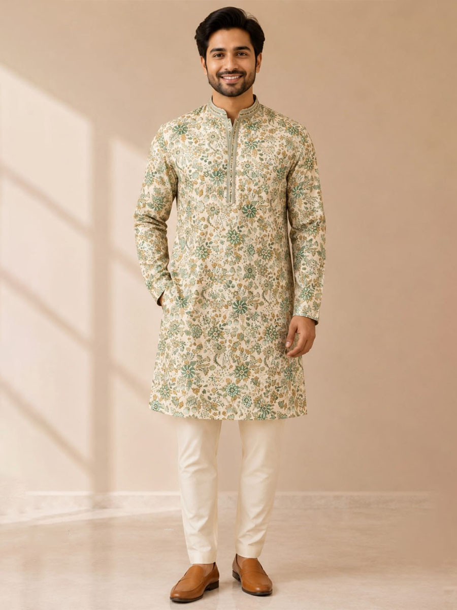 Soft Cream Art Silk Embroidery Wedding Party Festival Casual Mens Wear Kurta
