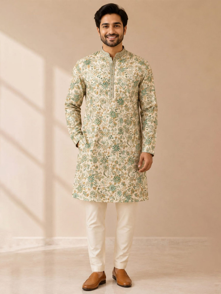 Image of Soft Cream Art Silk Embroidery Wedding Party Festival Casual Mens Wear Kurta