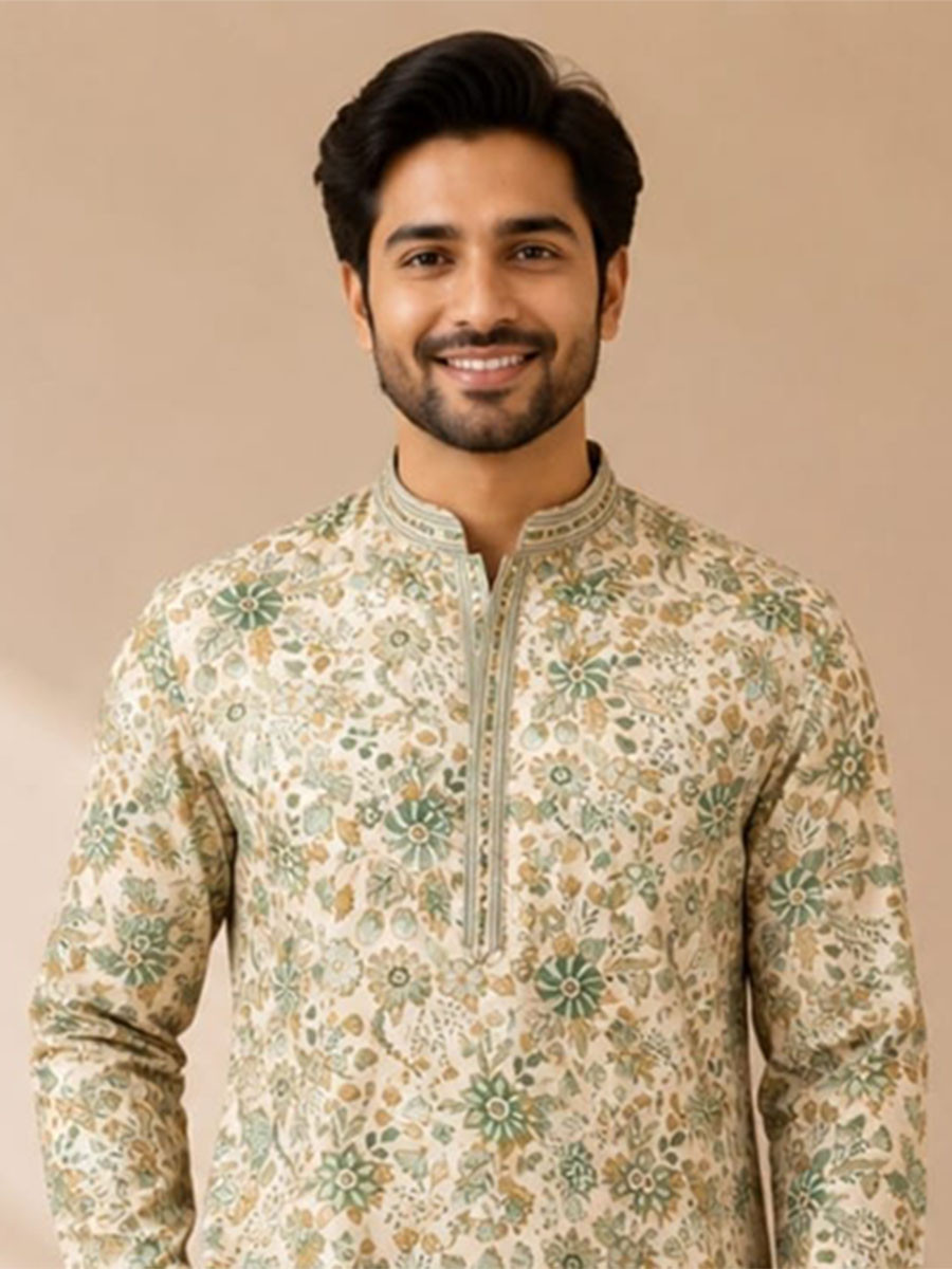 Soft Cream Art Silk Embroidery Wedding Party Festival Casual Mens Wear Kurta