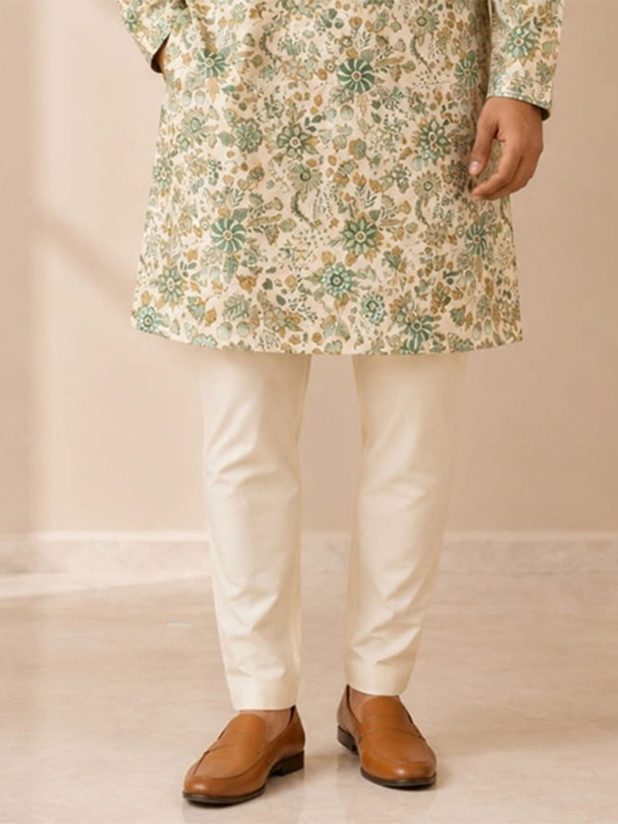 Soft Cream Art Silk Embroidery Wedding Party Festival Casual Mens Wear Kurta