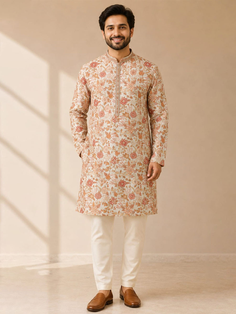 Soft Cream Art Silk Embroidery Wedding Party Festival Casual Mens Wear Kurta