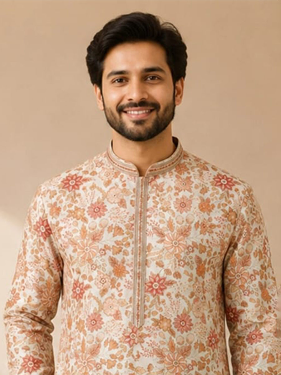 Soft Cream Art Silk Embroidery Wedding Party Festival Casual Mens Wear Kurta