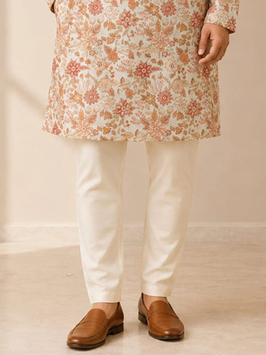Soft Cream Art Silk Embroidery Wedding Party Festival Casual Mens Wear Kurta