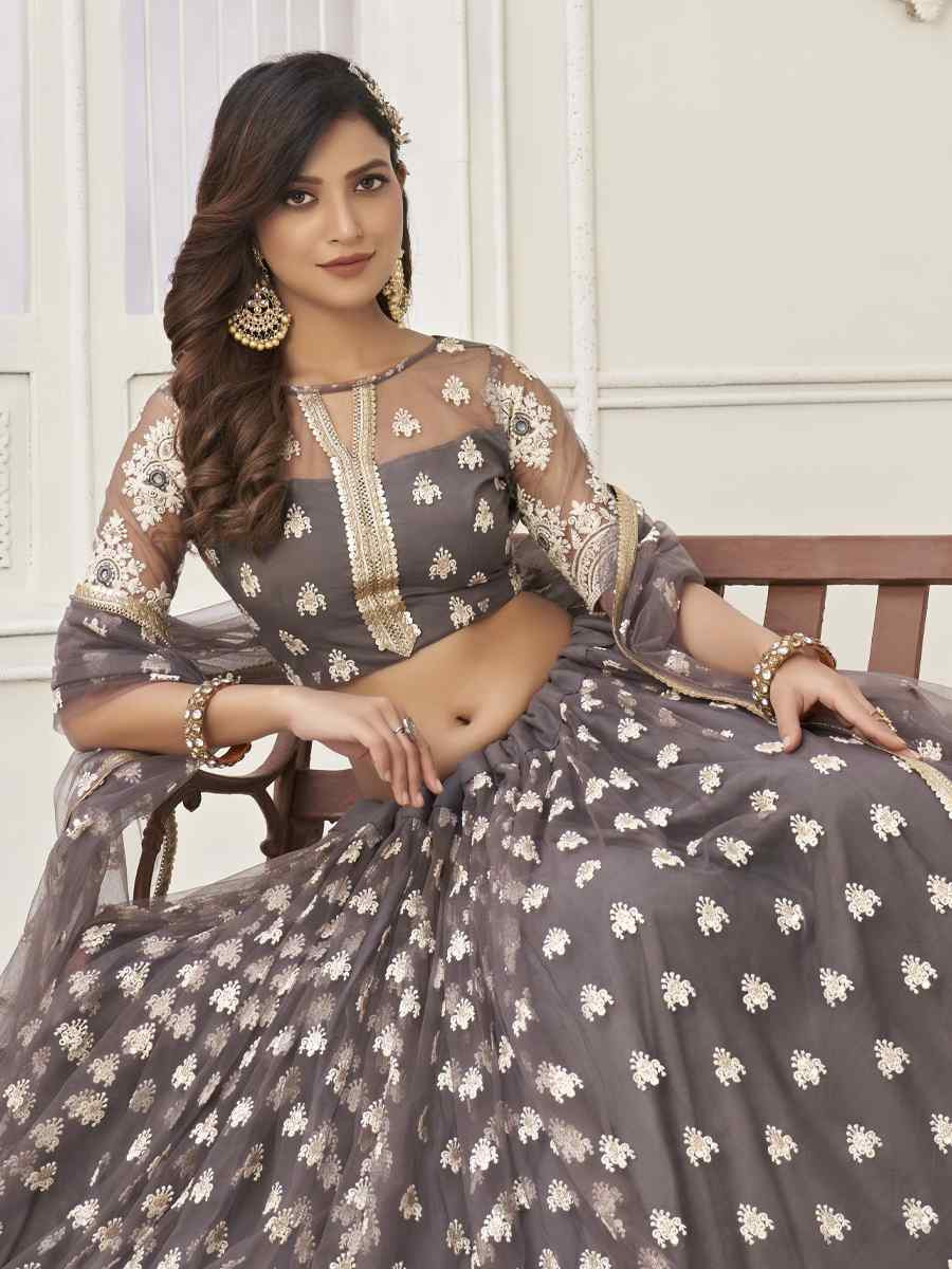 Space Gray Net Embroidered Wedding Reception Festival Heavy Border Lehenga Choli