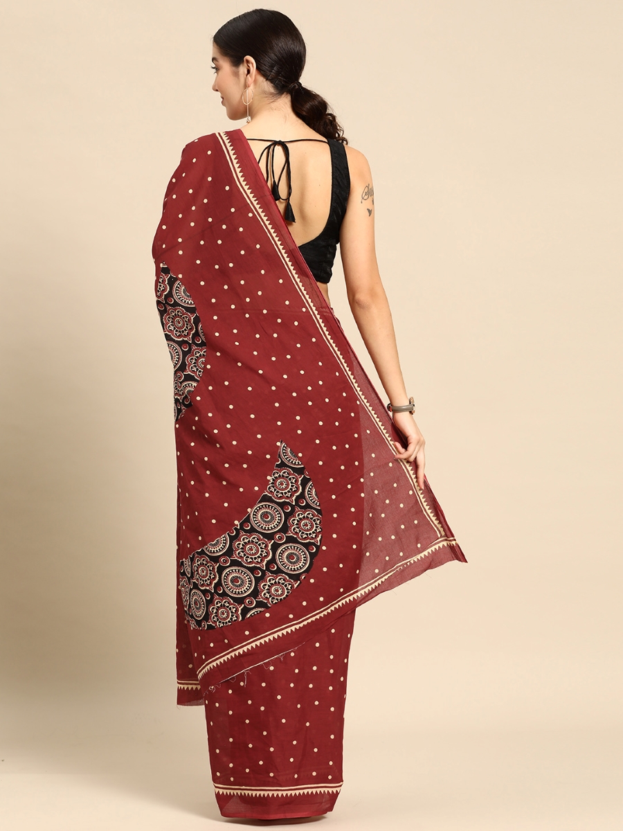 Maroon Cotton Printed Festival Casual Contemporary Sarees