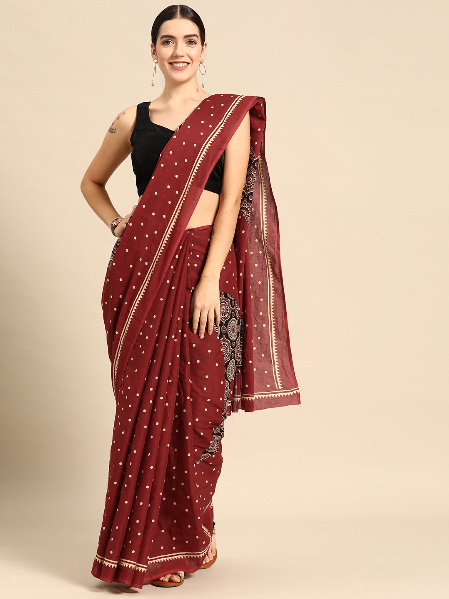 Maroon Cotton Printed Festival Casual Contemporary Sarees