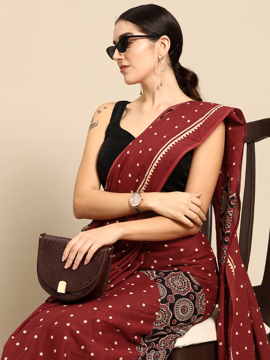 Maroon Cotton Printed Festival Casual Contemporary Sarees