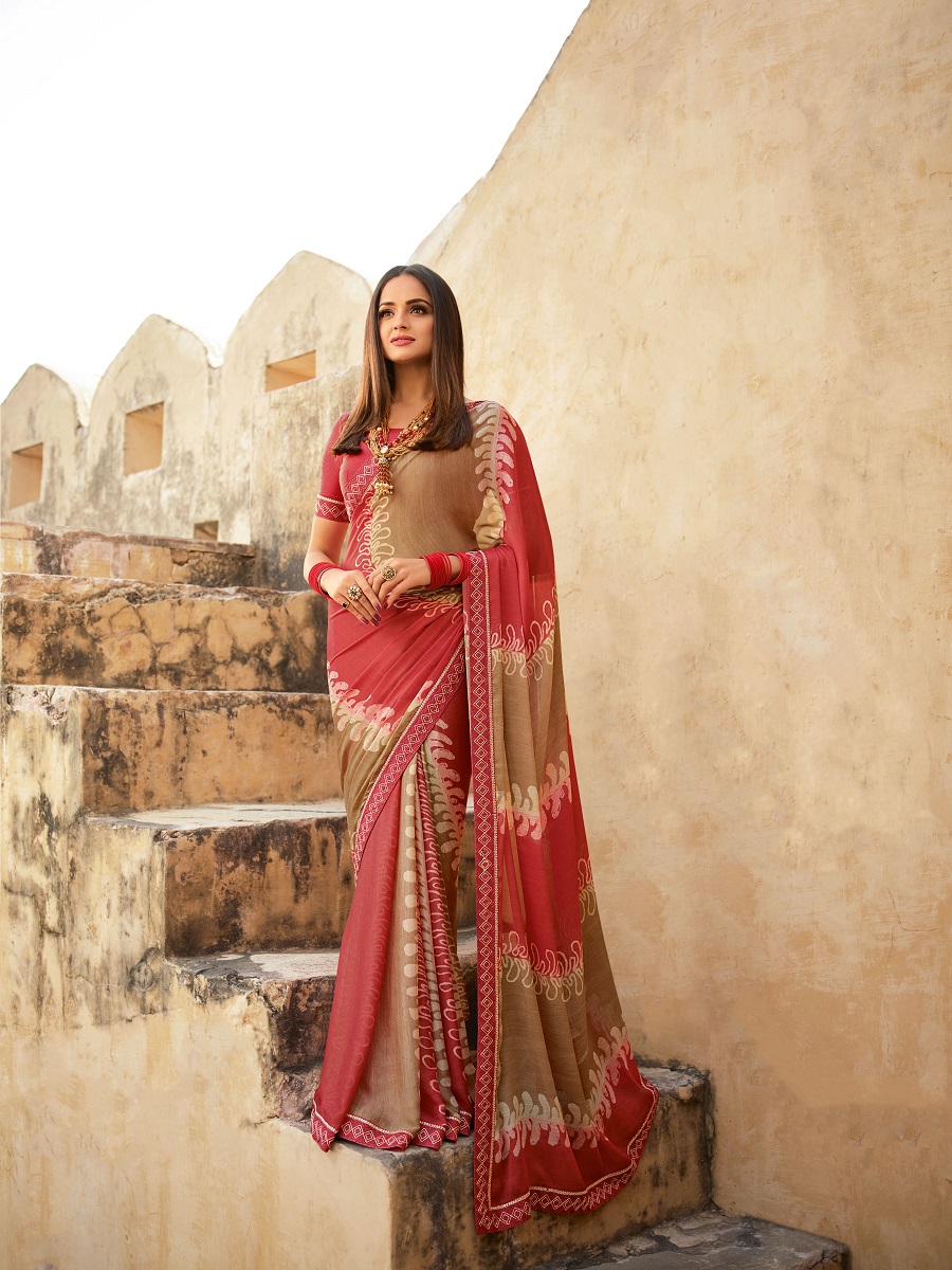 Red Georgette Printed Casual Festival Contemporary Saree