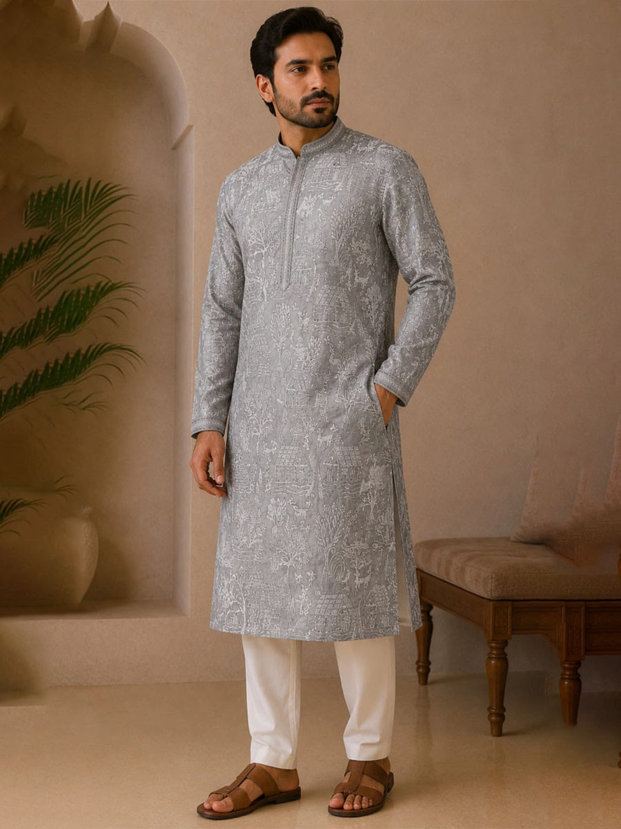 Steel Blue Art Silk Embroidery Wedding Party Festival Casual Mens Wear Kurta
