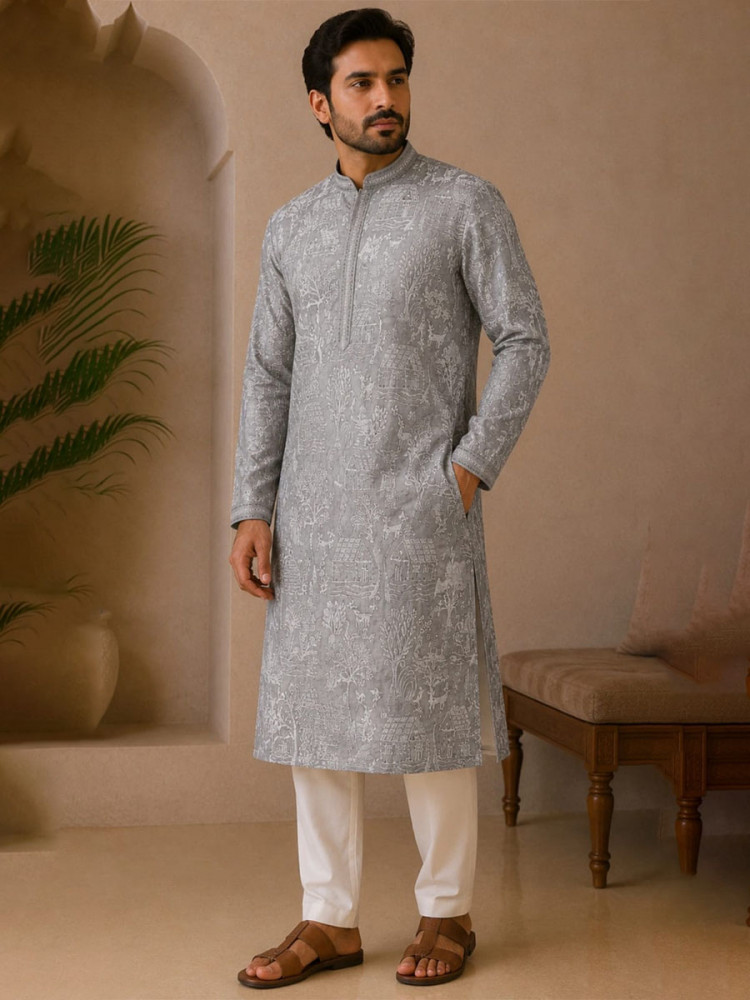Image of Steel Blue Art Silk Embroidery Wedding Party Festival Casual Mens Wear Kurta